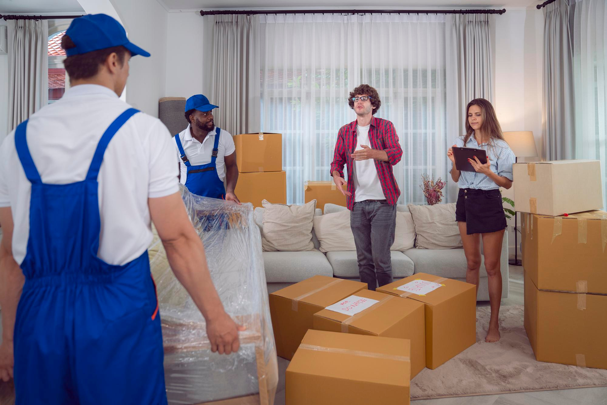 Movers coordinating residential move with homeowners indoors – Moving Pro Dallas
