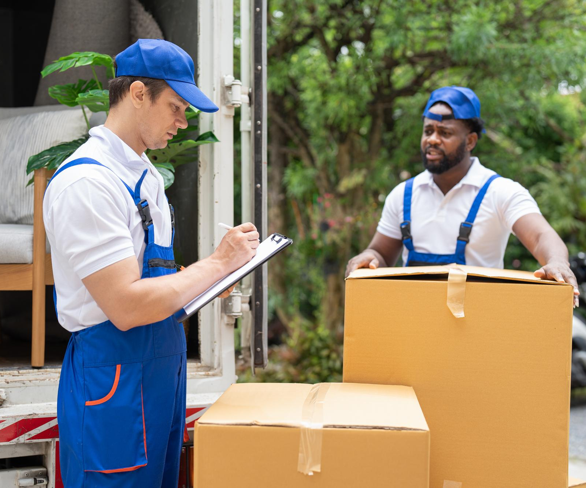 Mover checking inventory list beside packed boxes during local move – Moving Pro Dallas